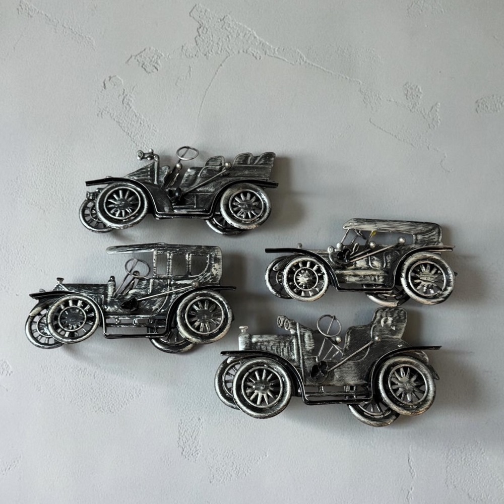 Vintage Metal Antique Car Wall Art Set of 4 Silver Black Retro Decor 3D Plaques